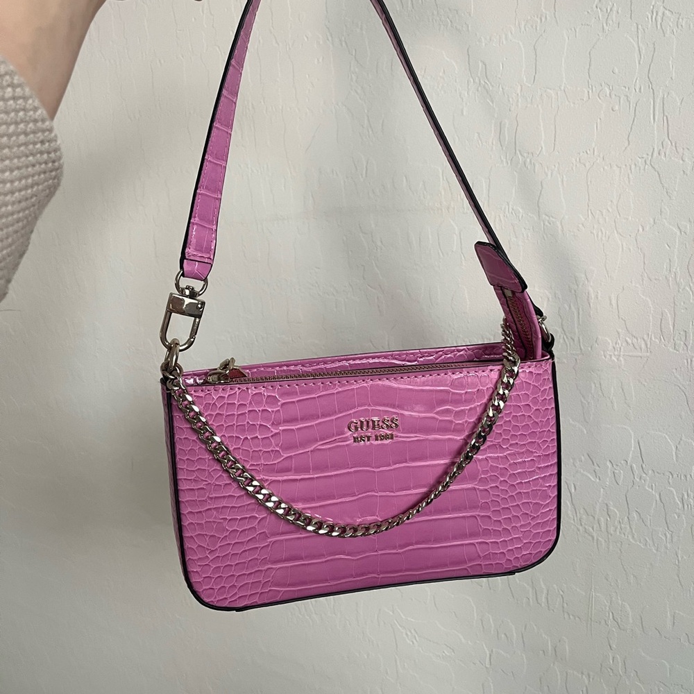 GUESS Fuchsia Croc-Embossed Shoulder Bag